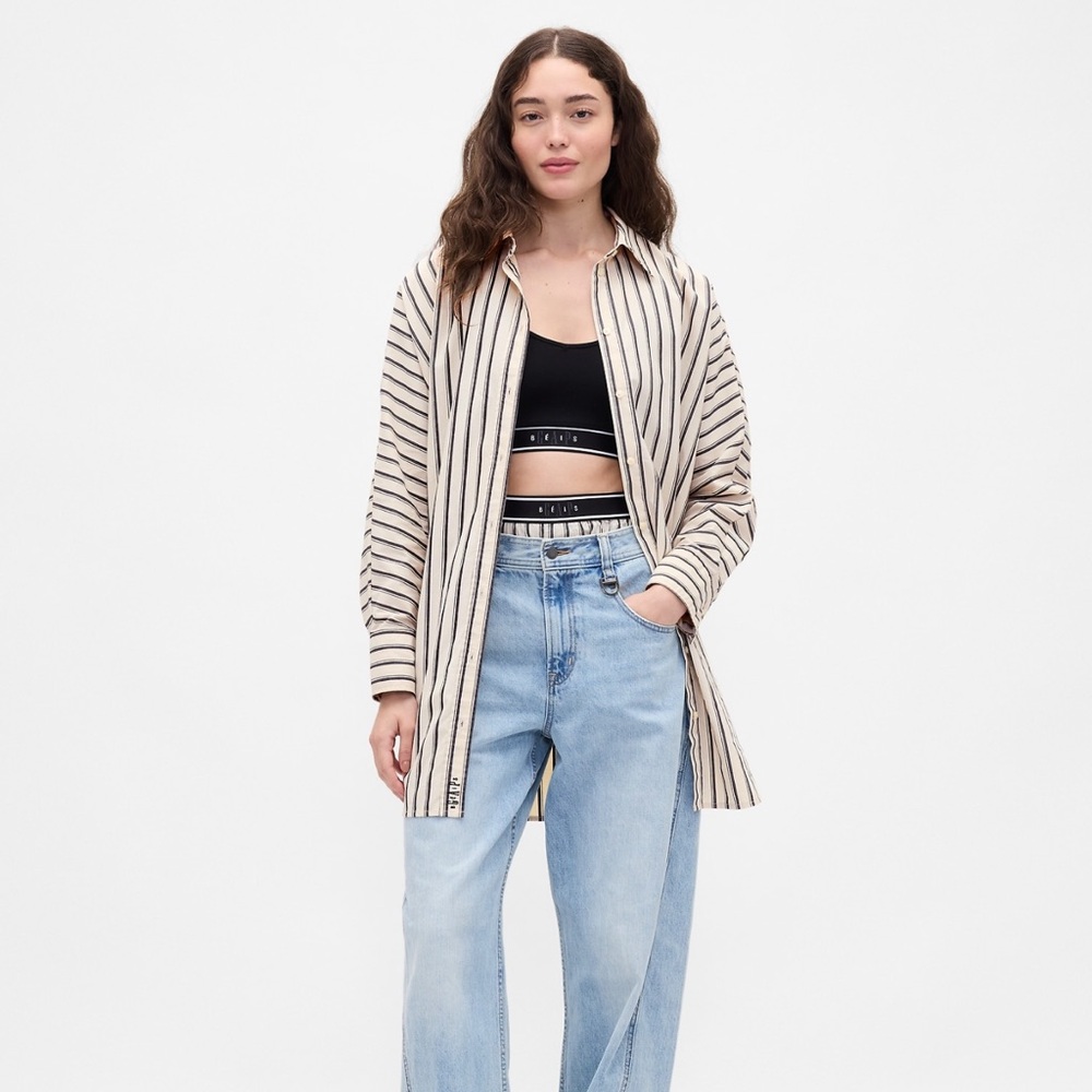 Gap × BÉIS Poplin Dolman Big Shirt Boxer Shorts Set Khaki tan & black stripe - Picture 14 of 15